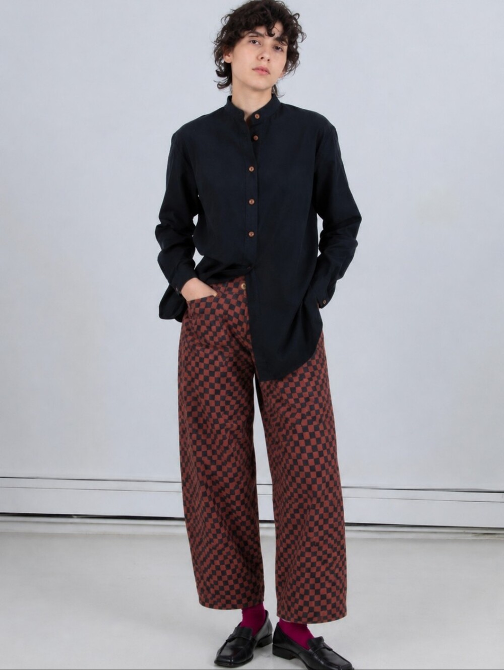 ILANA KOHN CHIBI BARREL PANTS IN BARK CHECKS